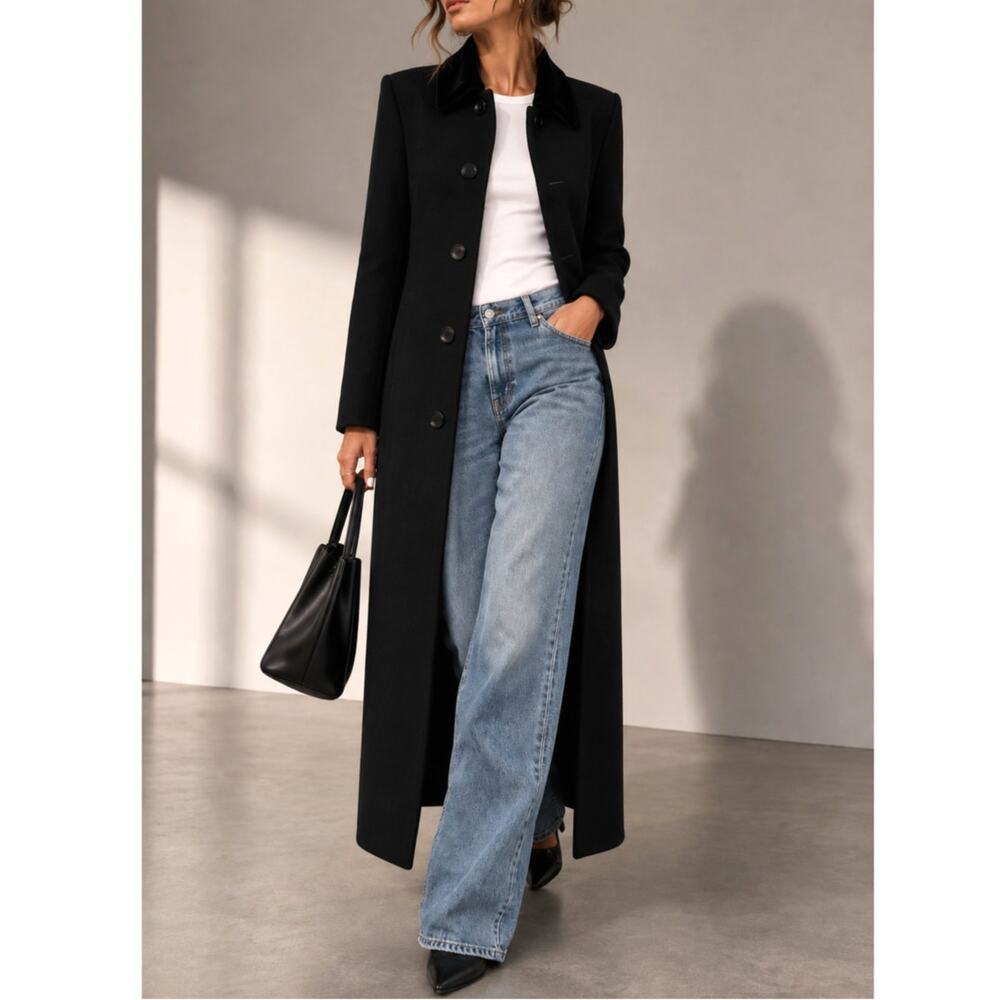 Neiman Marcus 10 Long Wool Coat $790 Velvet Collar Minimalist Black Quiet Luxury - Picture 2 of 8